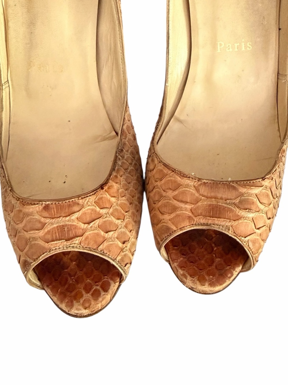 Christian Louboutin Tan Croc or Snake Embossed Peep-Toe Stilettos 39 1/2 - Picture 8 of 12